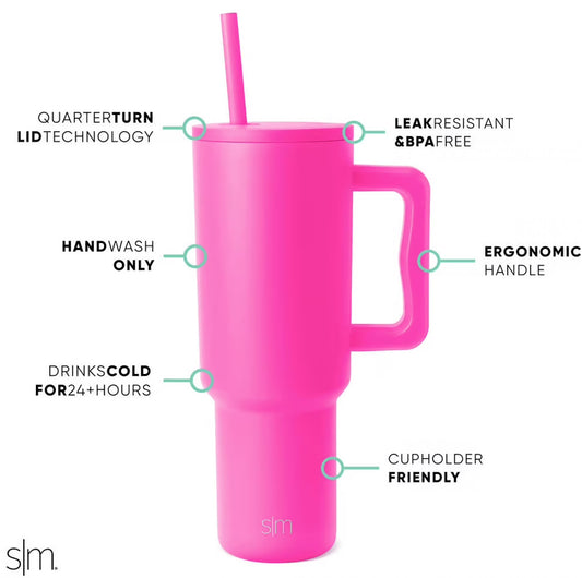 "Aura" 40 oz Large Insulated Stainless Steel Tumbler with Handle & Straw