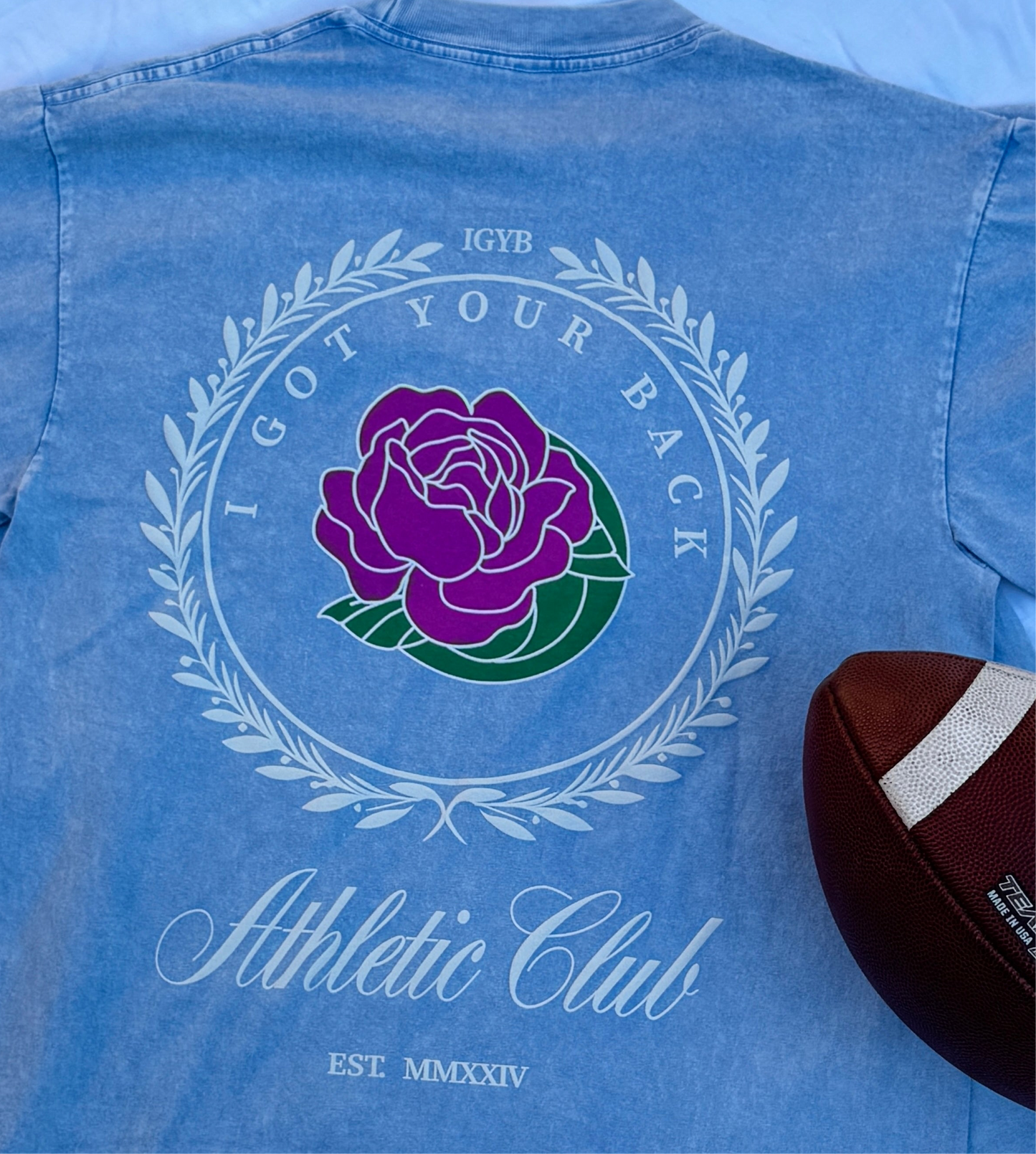 The "SKY" Athletic Club Tee Crewneck Graphic Design Puff Print Shirt Streetwear Fit Inspired in Light Denim-looking blue