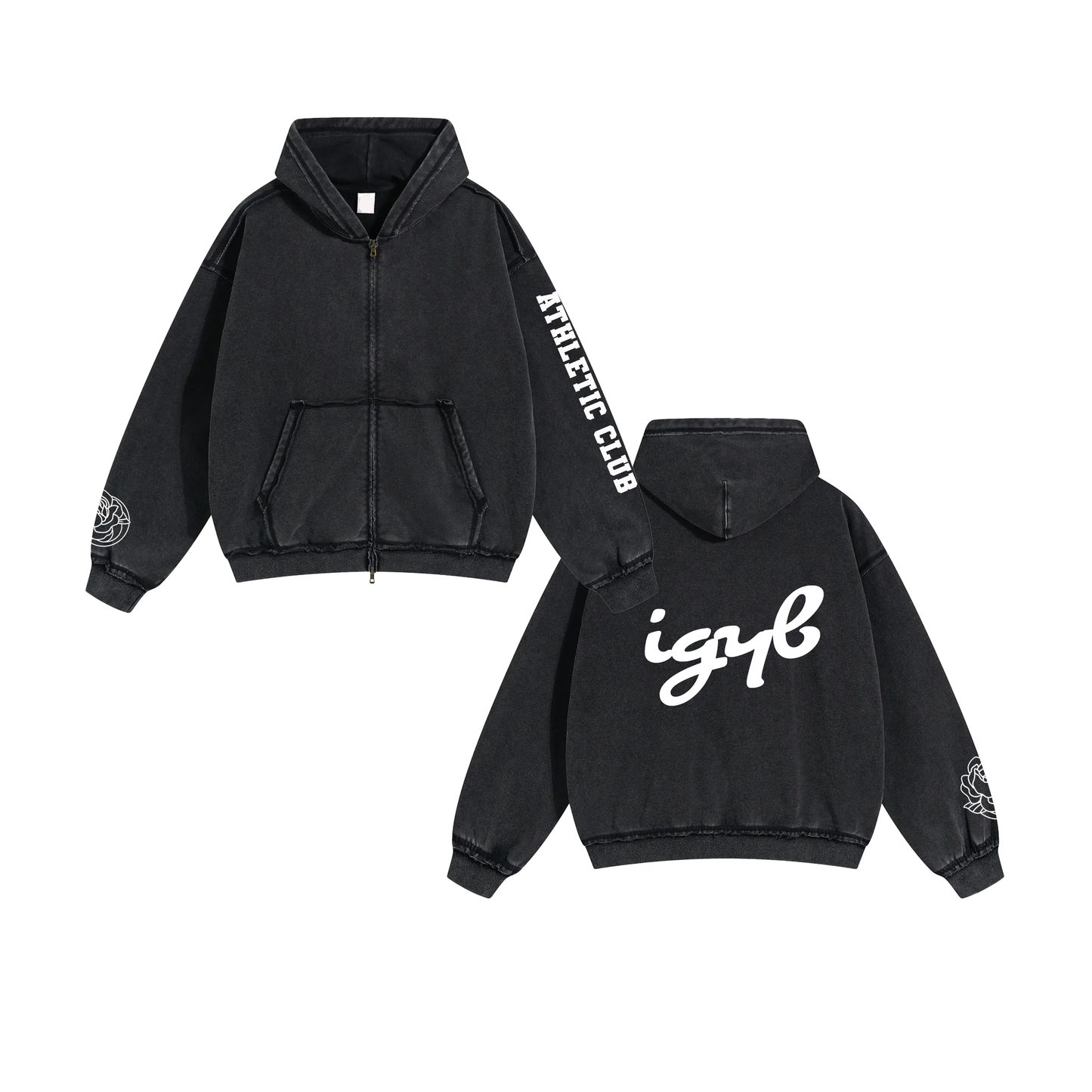 IGYB Athletic Club Zip-Up Hoodie in Vintage Wash Black