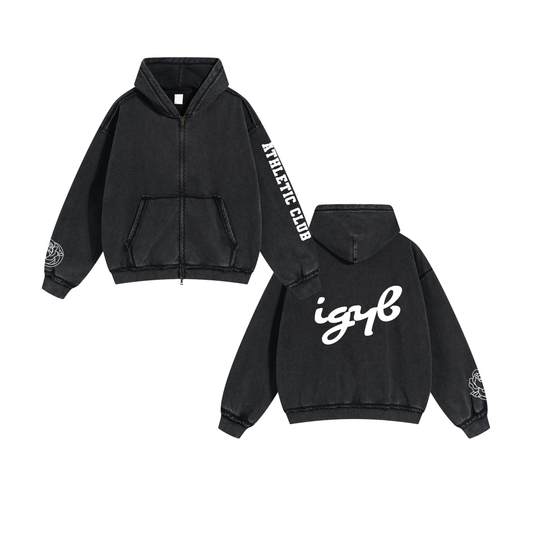 IGYB Athletic Club Zip-Up Hoodie in Vintage Wash Black