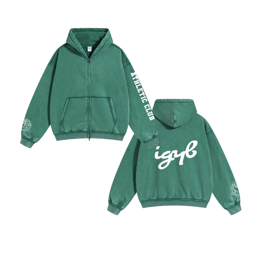 IGYB Athletic Club Zip-Up Hoodie in Vintage Wash Green