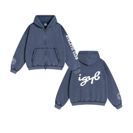 IGYB Athletic Club Zip-Up Hoodie in Vintage Wash Navy