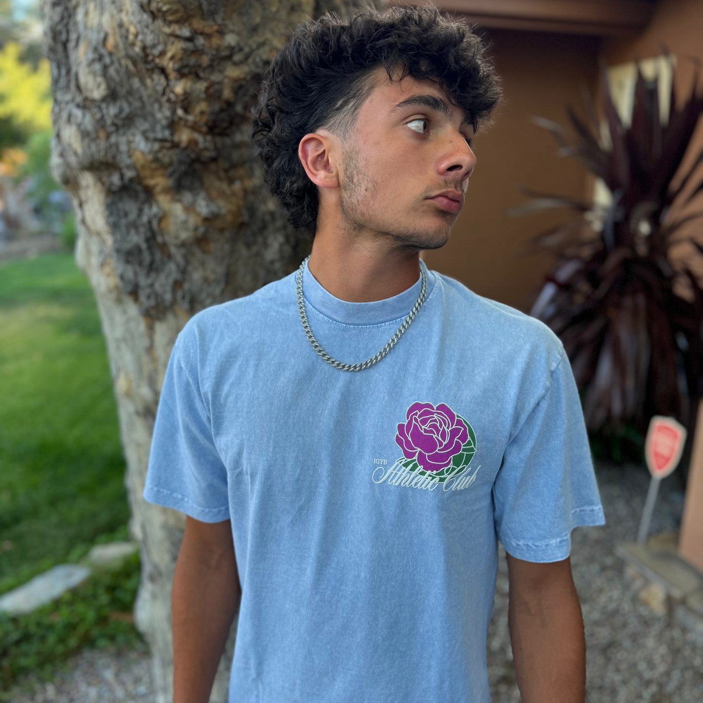 The "SKY" Athletic Club Tee Crewneck Graphic Design Puff Print Shirt Streetwear Fit Inspired in Light Denim-looking blue