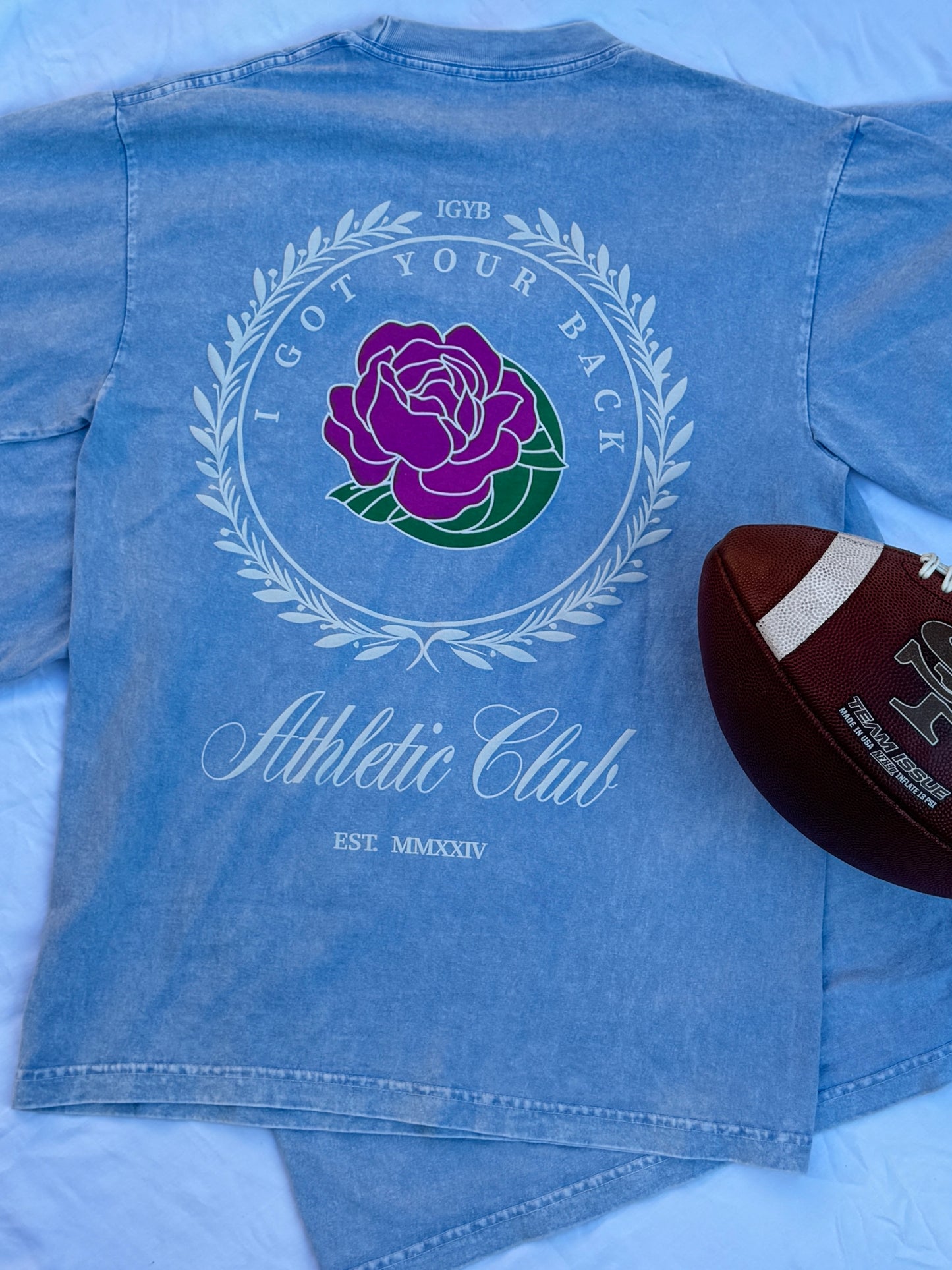The "SKY" Athletic Club Tee Crewneck Graphic Design Puff Print Shirt Streetwear Fit Inspired in Light Denim-looking blue