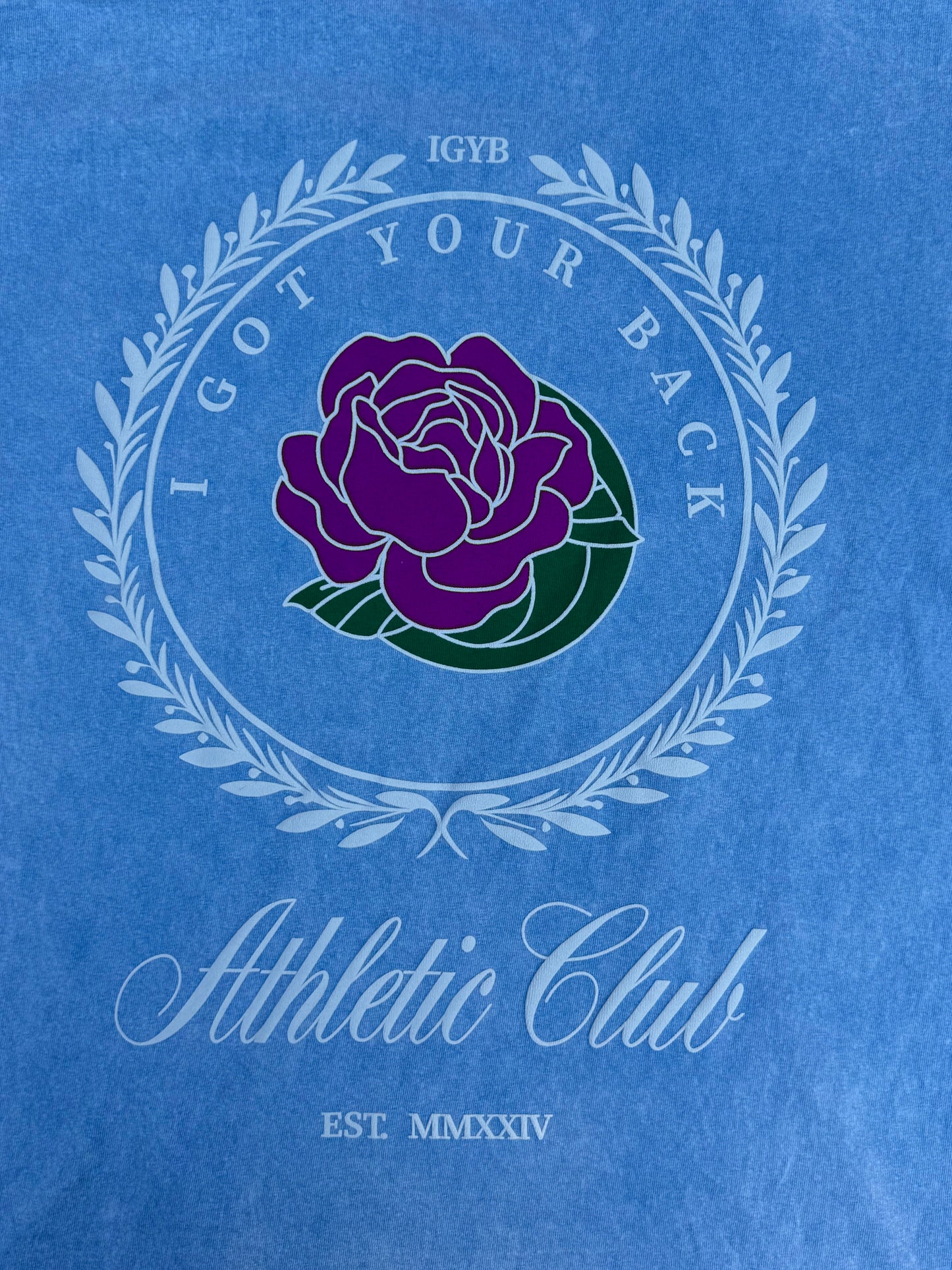 The "SKY" Athletic Club Tee Crewneck Graphic Design Puff Print Shirt Streetwear Fit Inspired in Light Denim-looking blue