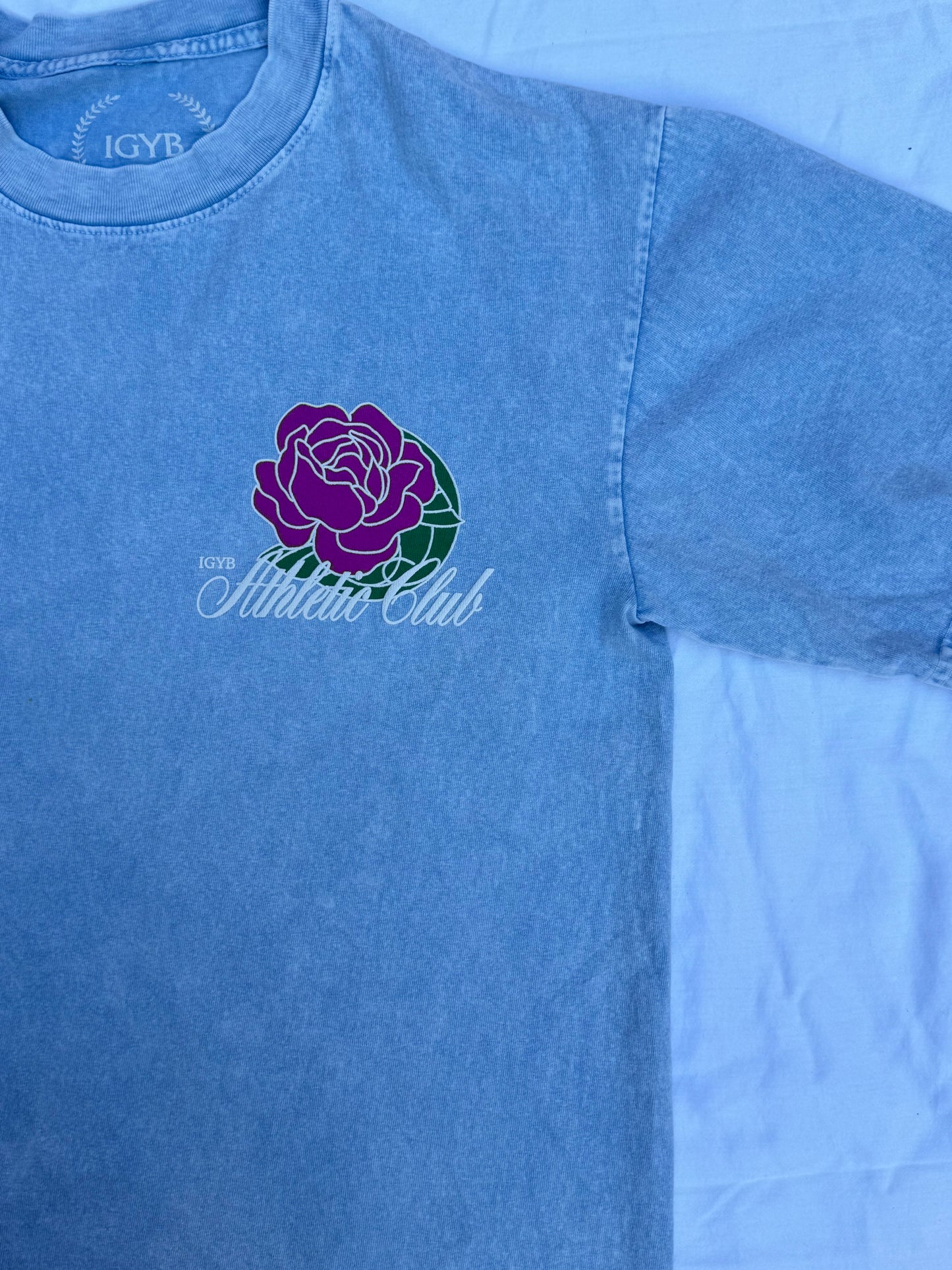 The "SKY" Athletic Club Tee Crewneck Graphic Design Puff Print Shirt Streetwear Fit Inspired in Light Denim-looking blue