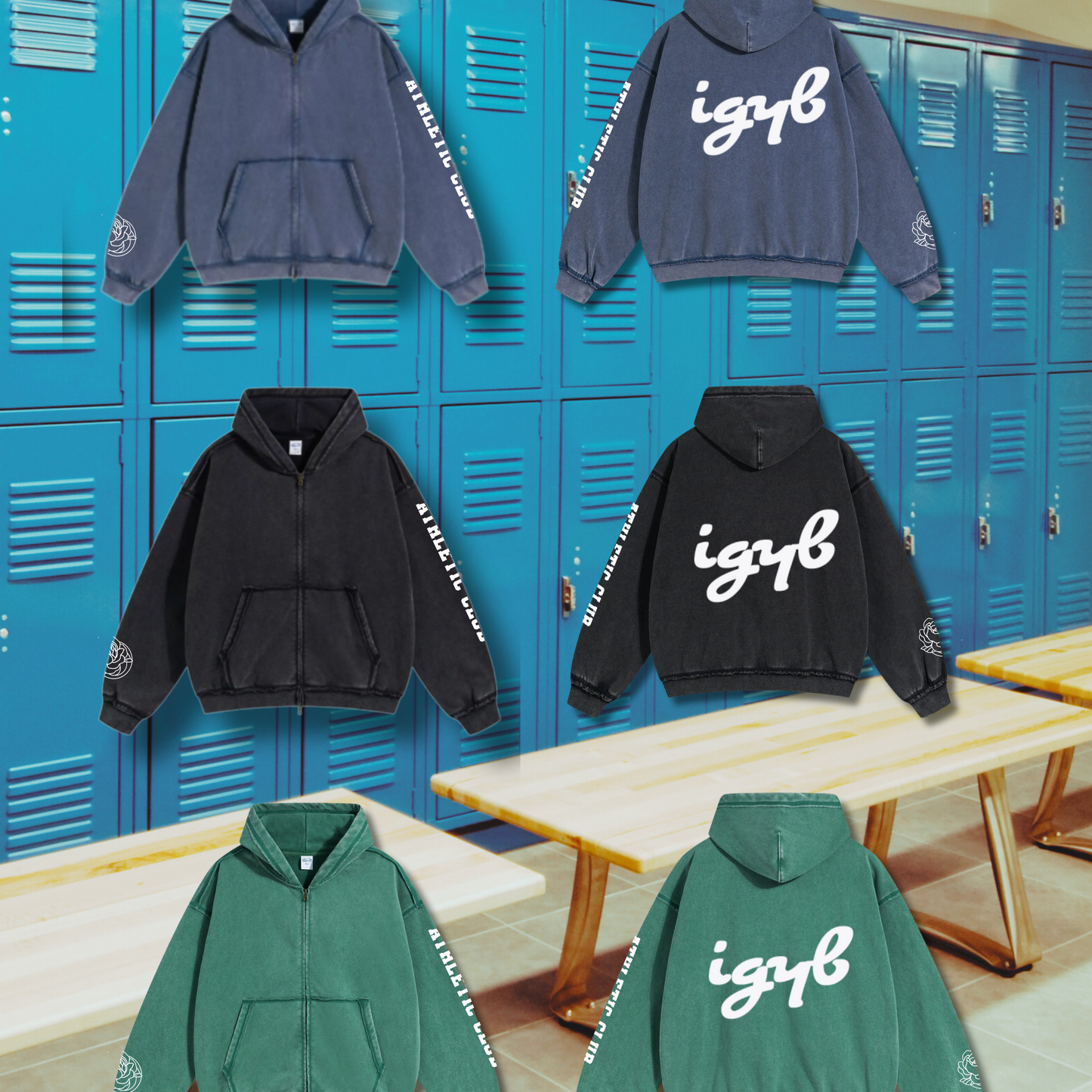 IGYB Athletic Club Zip-Up Hoodie in Vintage Wash Navy