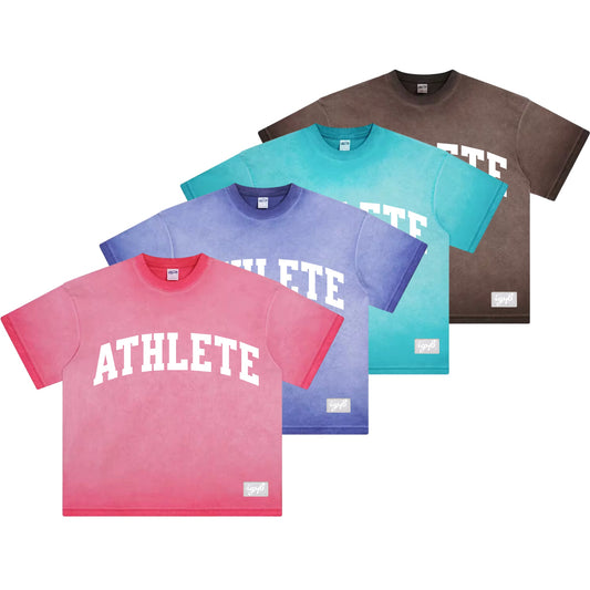 Four t-shirts in pink, blue, green, and brown with 'ATHLETE' printed on them